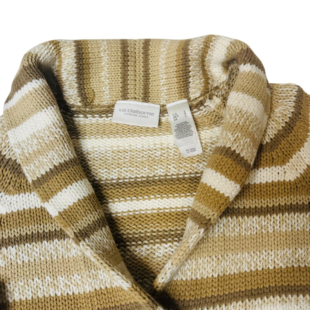 Liz Claiborne Striped Knit Cardigan Sweater Women L Beige Brown Button Front Y2K - Picture 2 of 6